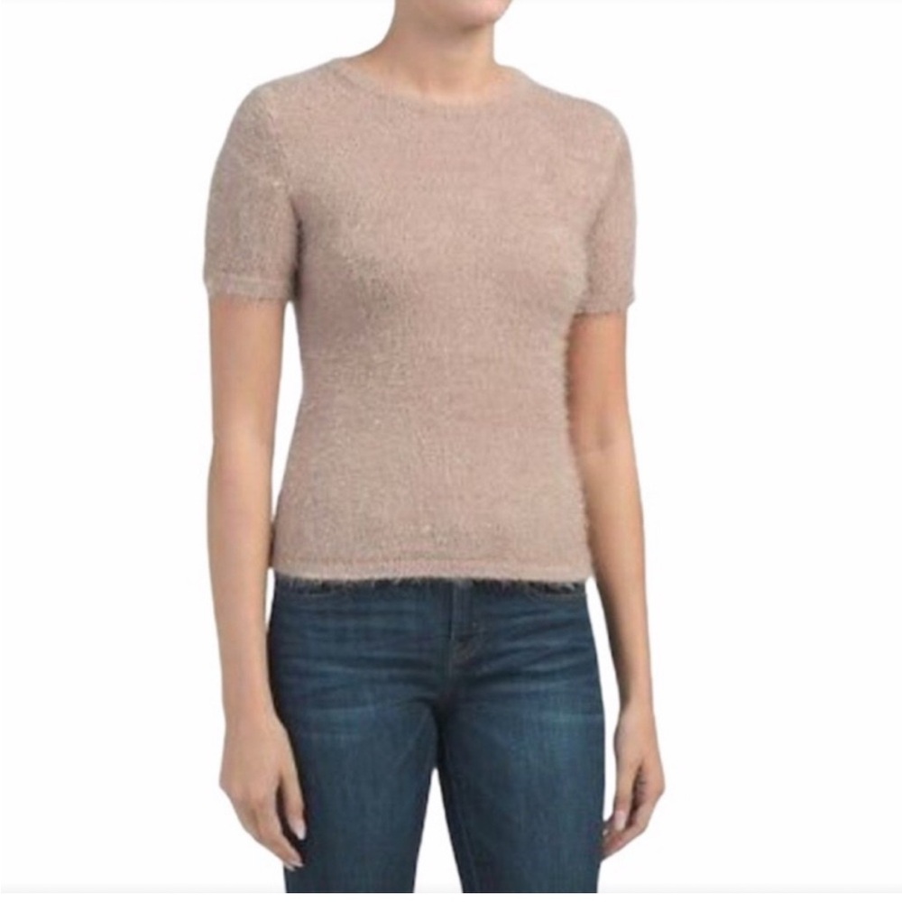 Ebby And I Soft Fuzzy Eyelash Short Sleeve Crew Neck Sweater